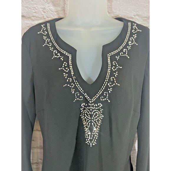 JR Nites By Caliendo Black Layered Tunic Top Silver Beads Asymmetrical Hemline 8 - Picture 3 of 10
